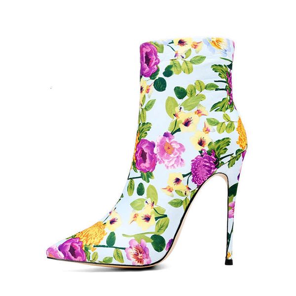 Arden Furtado Spring Autumn printing Cotton Fabric Short Pointed toe Thin heels Side zipper Super high heel Modern boots