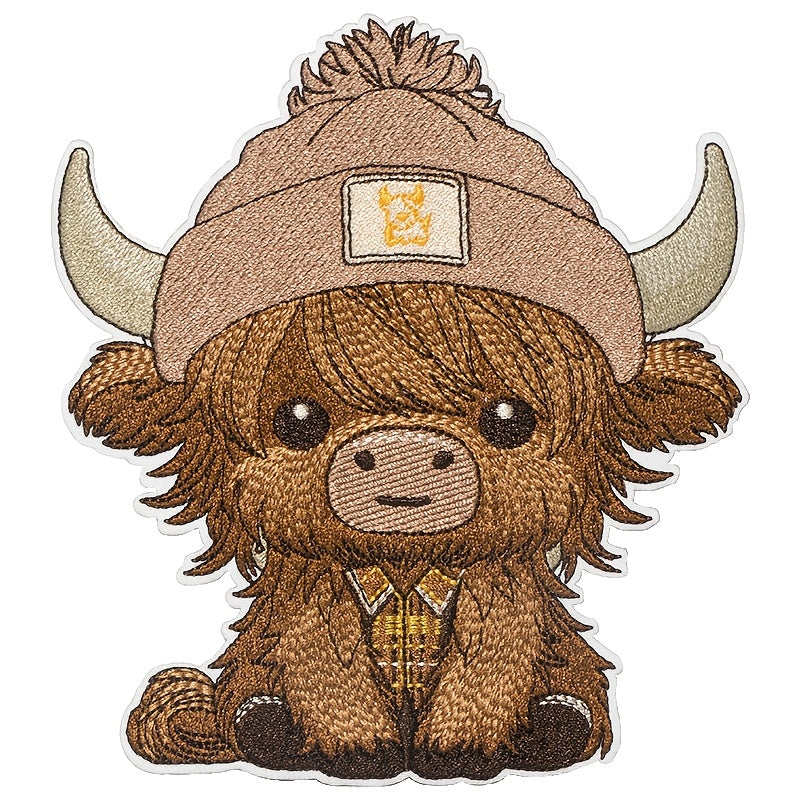 TEMU 1 Highland Cow Cartoon Embroidered Patch - Wearing Shirt & Beanie, Polyester, Iron-on-sew-on For Clothing, Backpacks, Canvas Bags & Jackets -