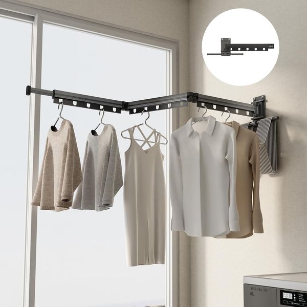Clothes Drying Rack Wall Mounted Foldable Laundry Drying Rack Collapsible-Retractable Space Saving Laundry Hanger Dryer Rack with Additional
