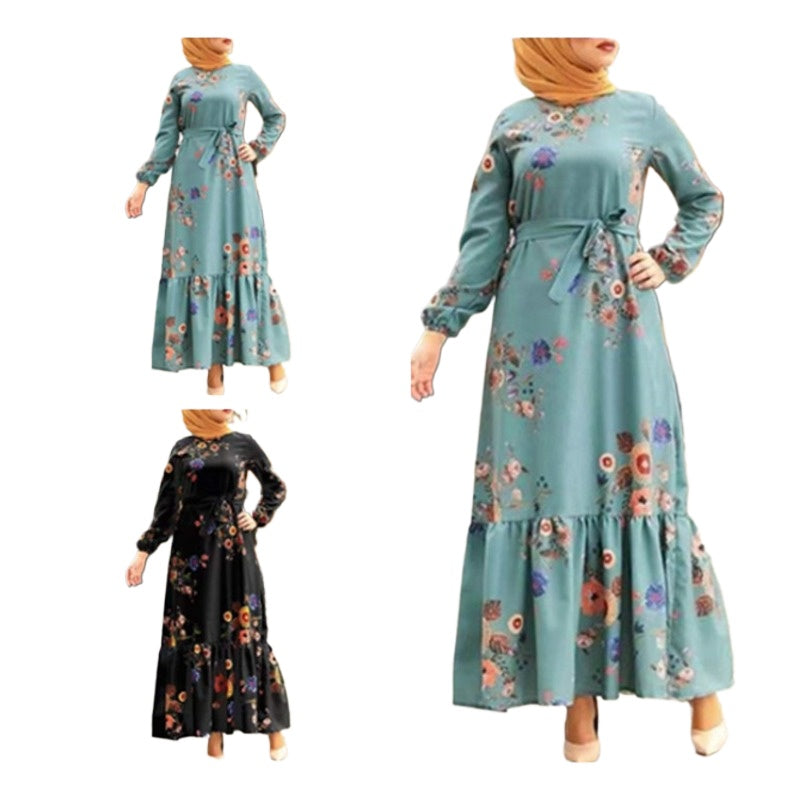 (639) New Medium-length Retro Printed Robe Belt Large Size Dress