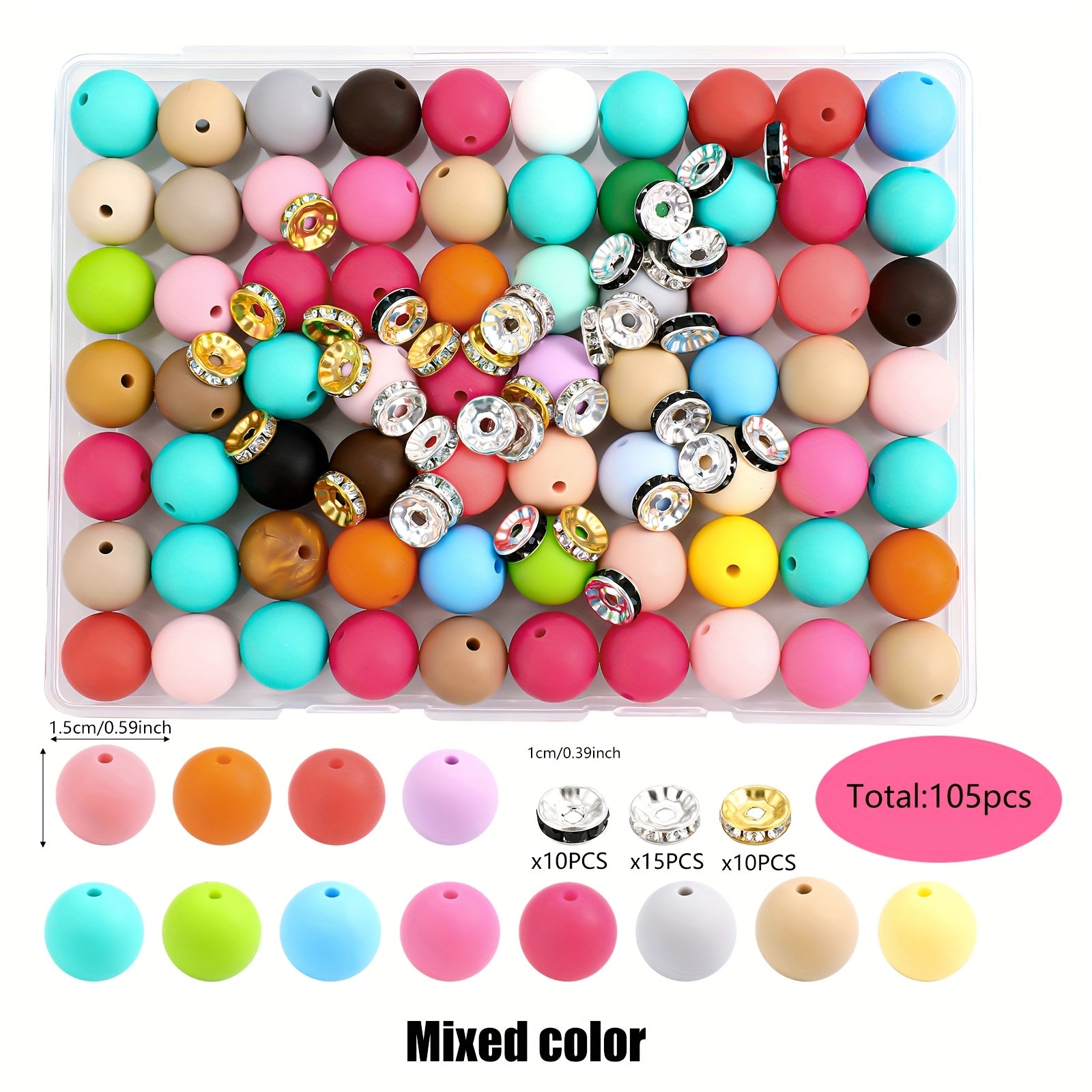 TEMU A Set Of 105 Silicone Beads, Round With Straight Holes, In Multiple Colors, Suitable For Jewelry Making, Bracelets And Decorative Accessories.