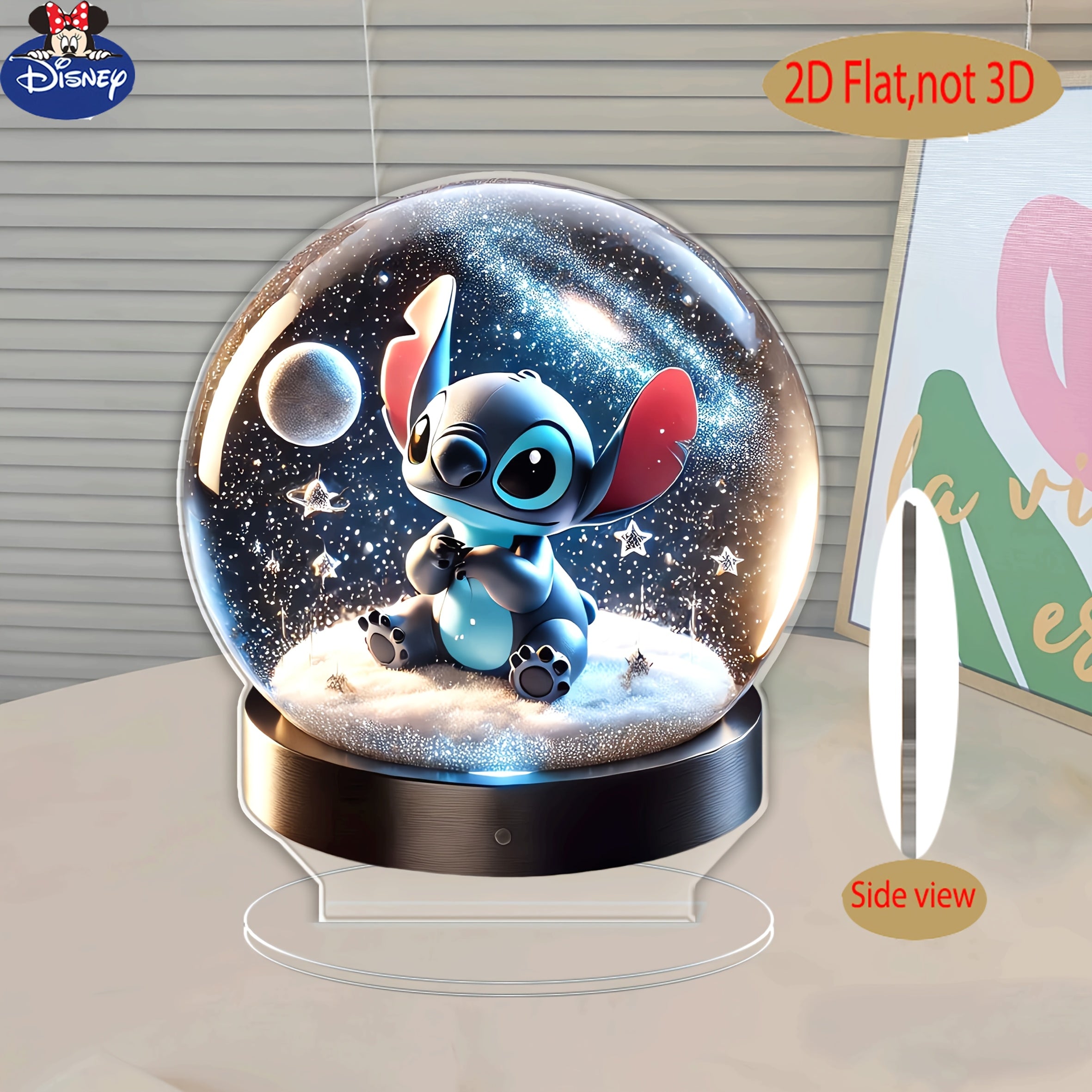 TEMU 2d Flat, 1pc Stitch Acrylic Desktop Ornament - 2d Space-themed Decor With Snowy Base & Stars, Contemporary Frameless Design For Birthdays And