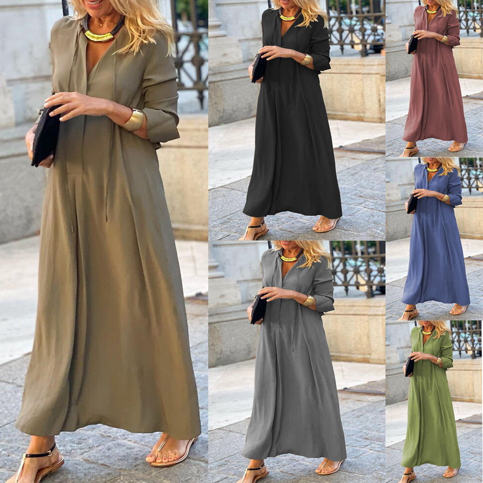 (915) New Style Big Swing Skirt Solid Color Lapel Long Sleeve Simple Casual Long Shirt Dress