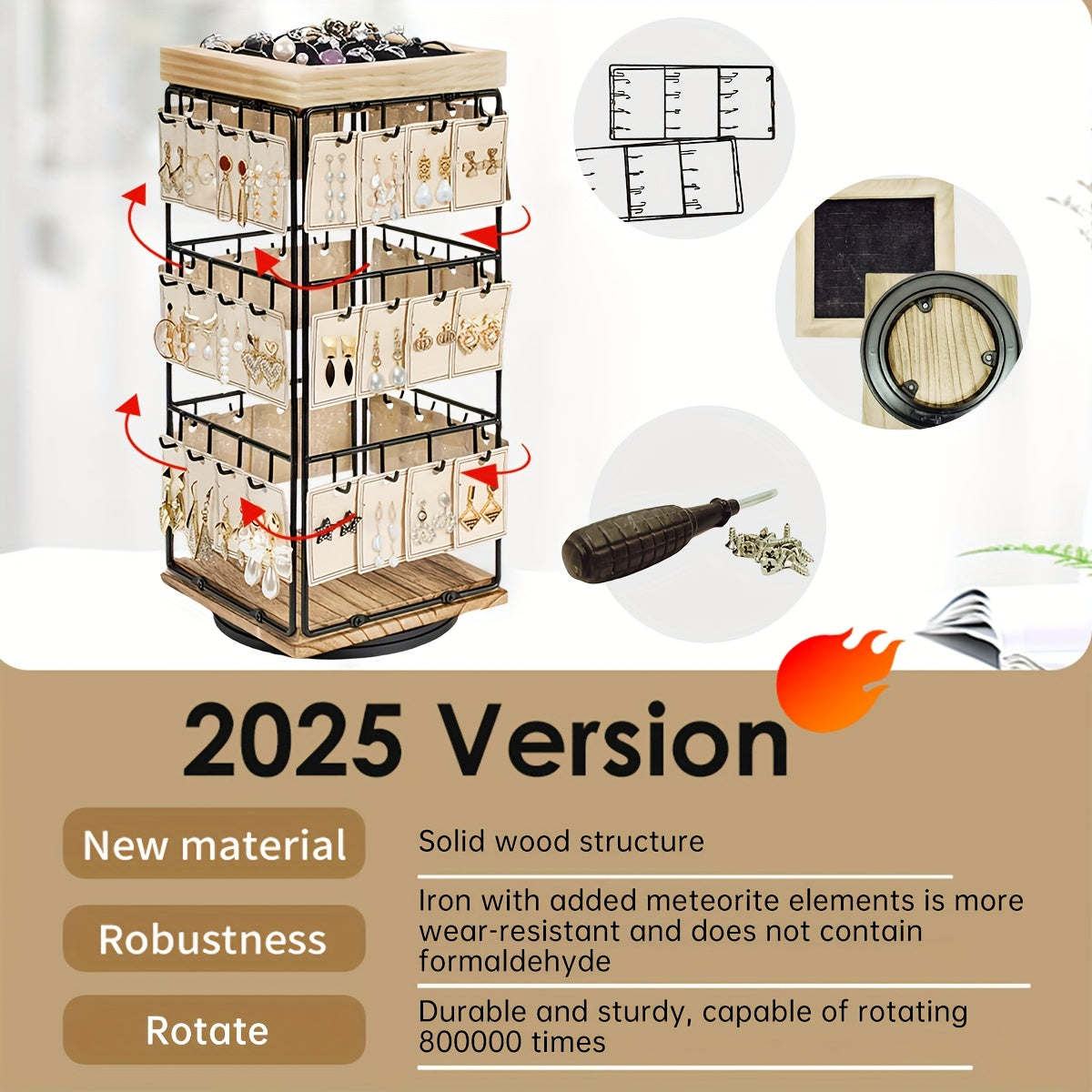 TEMU 1pc Rotating Jewelry Tower With Wooden Base And 48 Hooks, Desktop Organizer For Rings, Earrings, Necklaces, And Bracelets – Perfect Jewelry Box