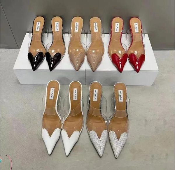 Luxury Designer Glitter Crystal heart Shaped pointed toes Dress High love Sandal Sxey Heart Mules IN Sandals high-quality Women heeled Sanda