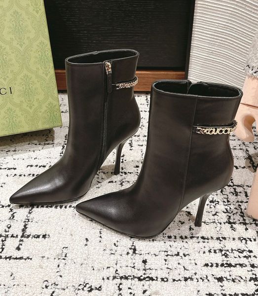 Famous Design Women Signoria Ankle Boots For Women Pointed Toe Golden Chain High Heels Winter Luxury Lady Fashion Booties EU34-43