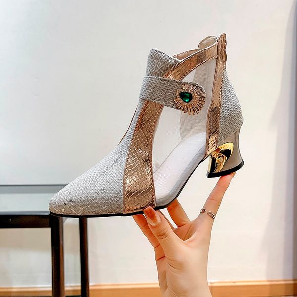 and Spring Summer New High Boots Hollow Mesh Thick Heel Fashion Shoes Women&#039;s Sandals 5908 Sals