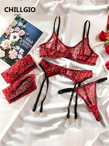 CHILLGIO Women Leopard Print Bra Brief Suits Fashion Erotic Mesh Underwire Underwear 4 Piece Transparent Lingerie Stockings Sets 241031