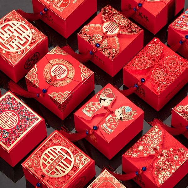 Gift Wrap 50pcs Creative red Chinese style Candy Boxes wedding gifts for guests mariage Paper Chocolate packaging box boite gateau mariage 2
