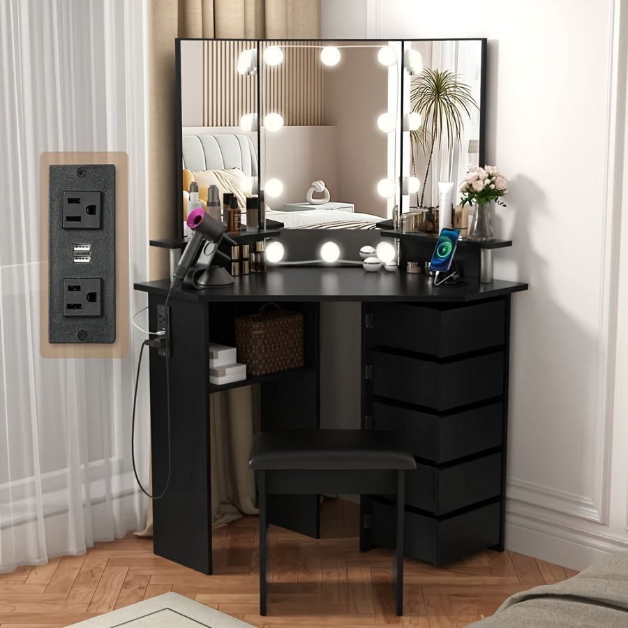 TEMU Modern 42" Tri-mirror Corner Makeup Vanity Desk With Illuminated Lighting, 5 Sliding Or Rotating Drawers, Includes Stool, Hardwood Construction,