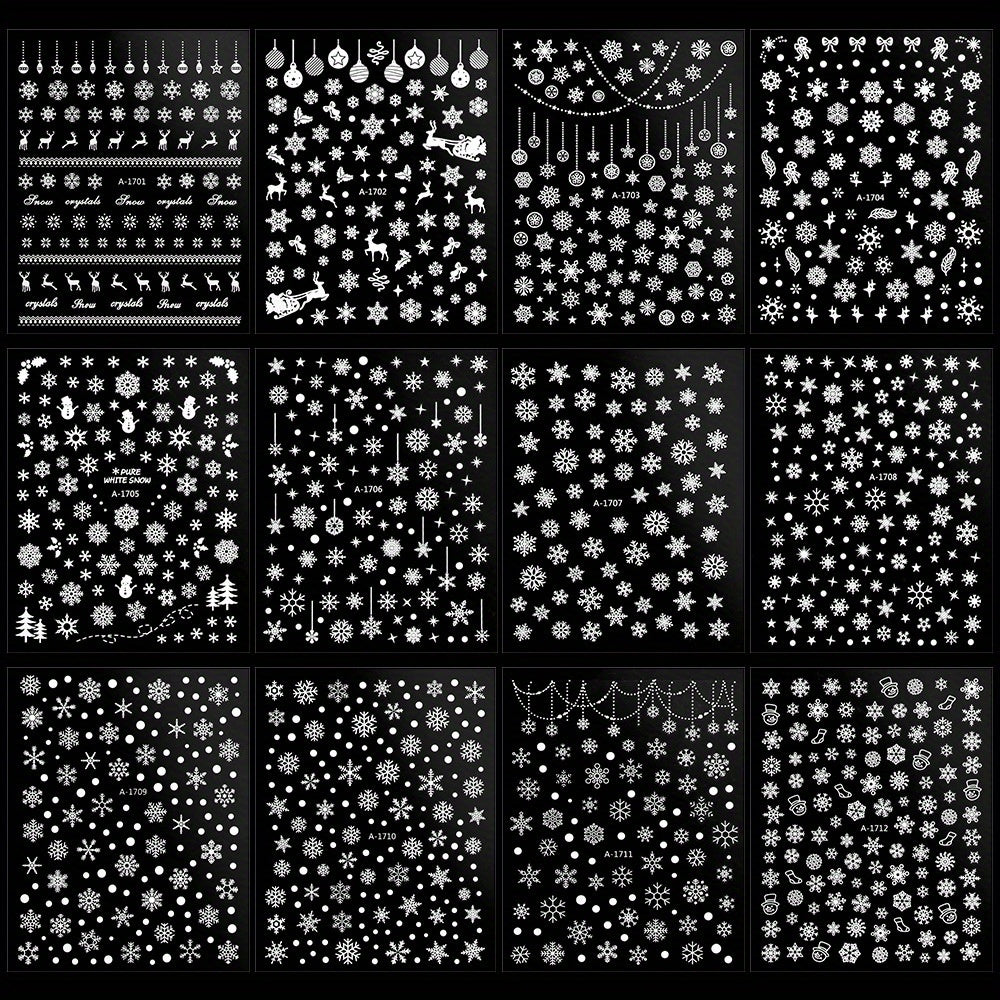 TEMU 12 Sheets Christmas Snowflake Nail Art Stickers - 3d Self-adhesive Winter Nail Decals With Sparkling Snowflakes & Blue Hues, Disposable Plastic