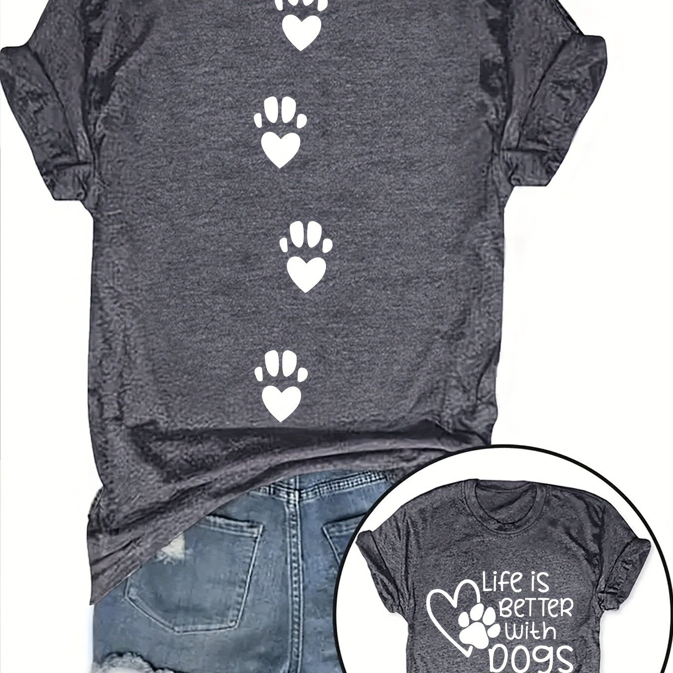 TEMU Women's Casual Short Sleeve T-shirt - Double-sided " With Dogs" Graphic & Paw , Gray, Plus Size Round Neck, Machine Washable, , Apparel, Design,