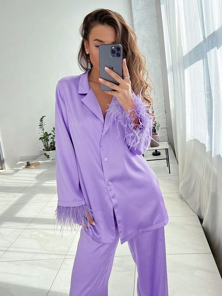 Women&#039;s Sleepwear Hiloc Feathers Satin Pajamas For Women Sets Lapel Splicing Sleepwear Women&#039;s Suit Single-Breasted Nightwear Wint