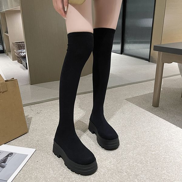 Lucyever Chunky Platform Thigh High Women Autumn Winter Stretch Knitting Soc Boots Woman Thick Bottom Long Botas Mujer