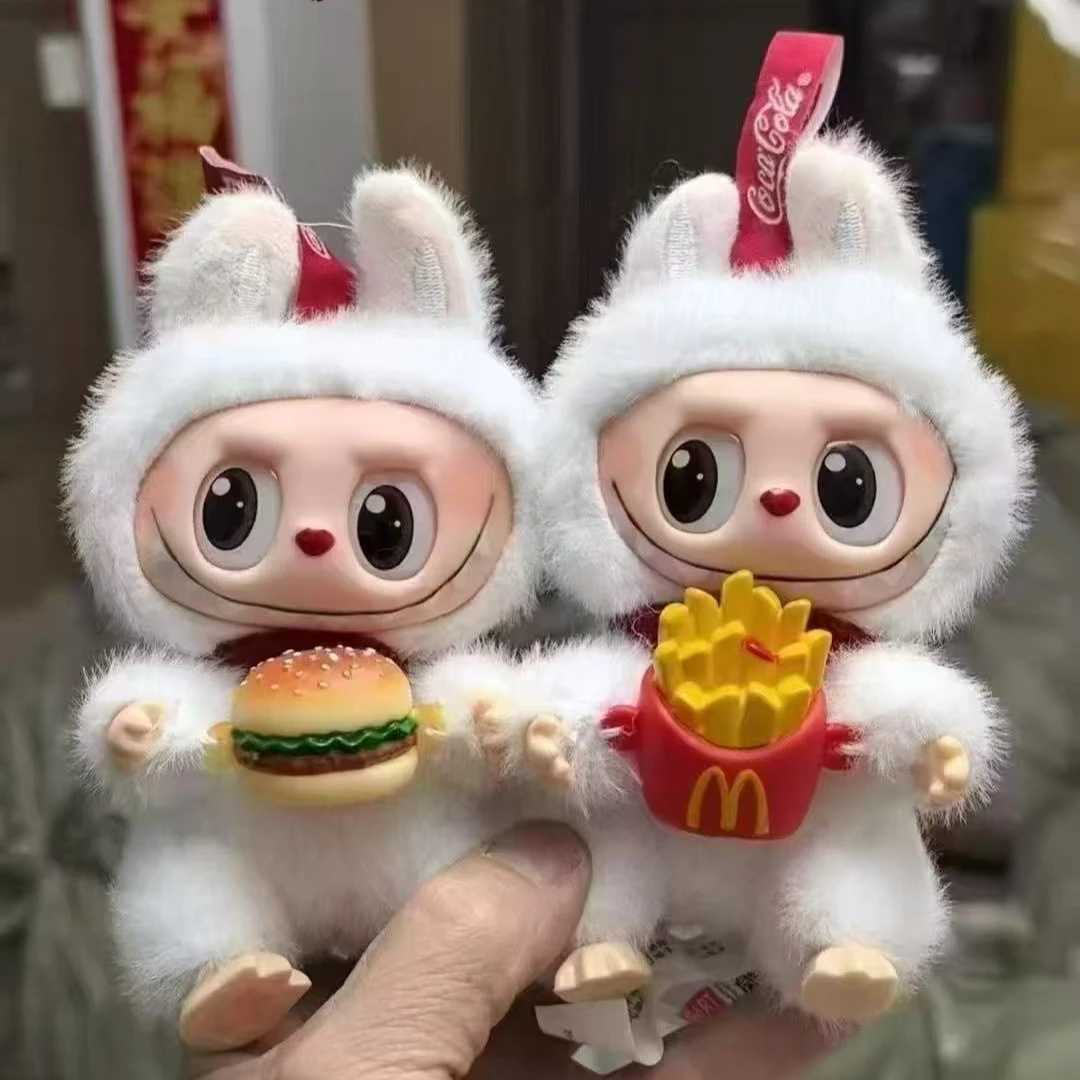 New cute white labubu hand holding Maimai fries burger glue doll LABUBU plush burger chips glue blind box gift L250613