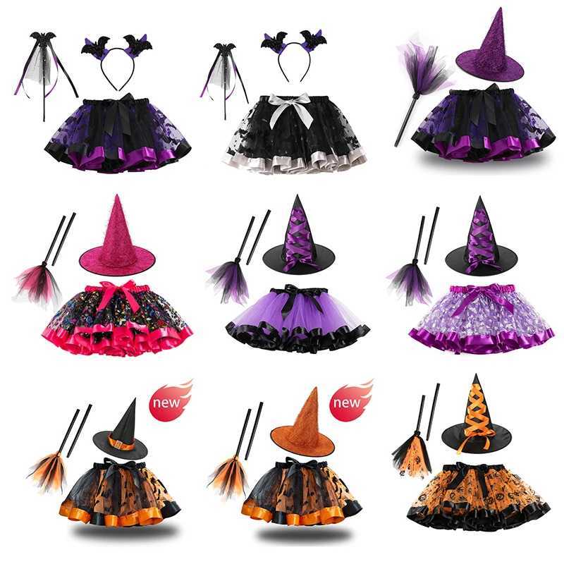 Kids Girls Halloween Witch Costume Set Girls Tutu Skirt With Hat Broom Cosplay Elf Witch Party Dress Up Halloween Clothes Gift Y240919