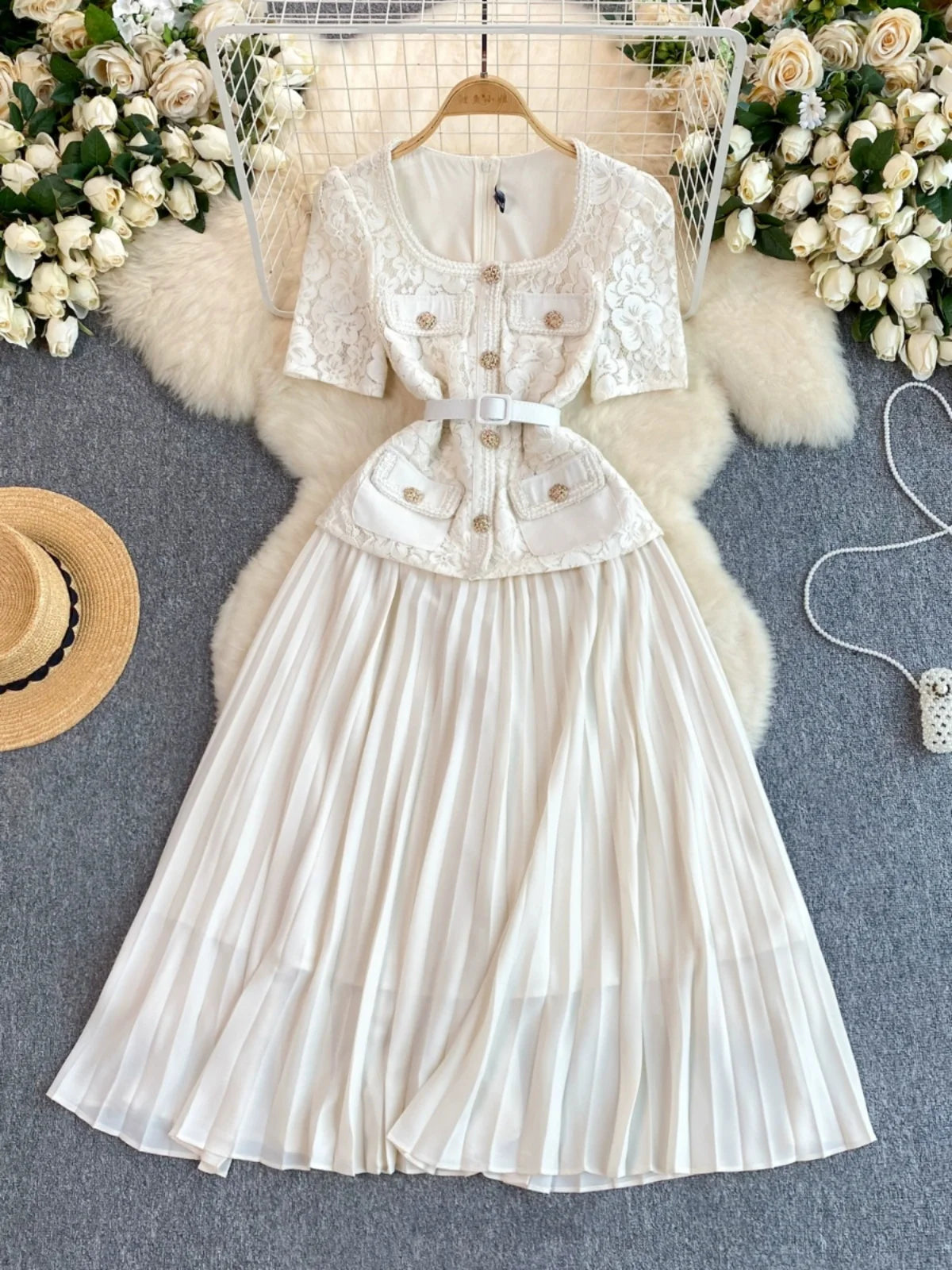 2025 Spring Pleated Chiffon Lace Party Long Dress Women&#039;s Short Sleeve Golden Belt Evening Formal Occasions Midi Dresses