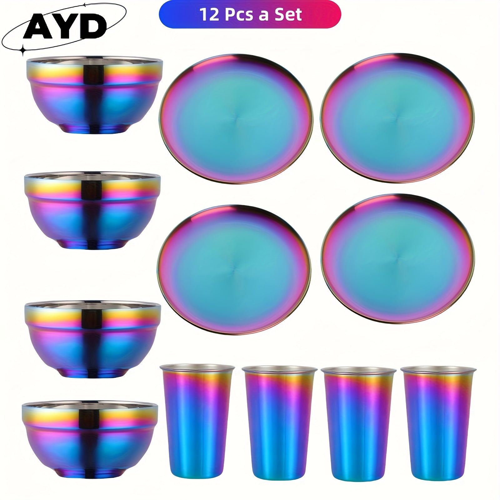 TEMU 36-12pcs Rainbow Stainless Steel Camping Tableware Kit - 6 Sets Plates Bowls Cups With Forks Spoons Knives | Lightweight Dishware For Picnic