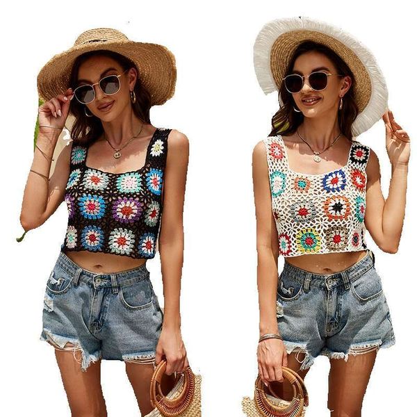 Summer ethnic style outerwear hook exposed navel strap short square neck contrasting flower hollow small vest
