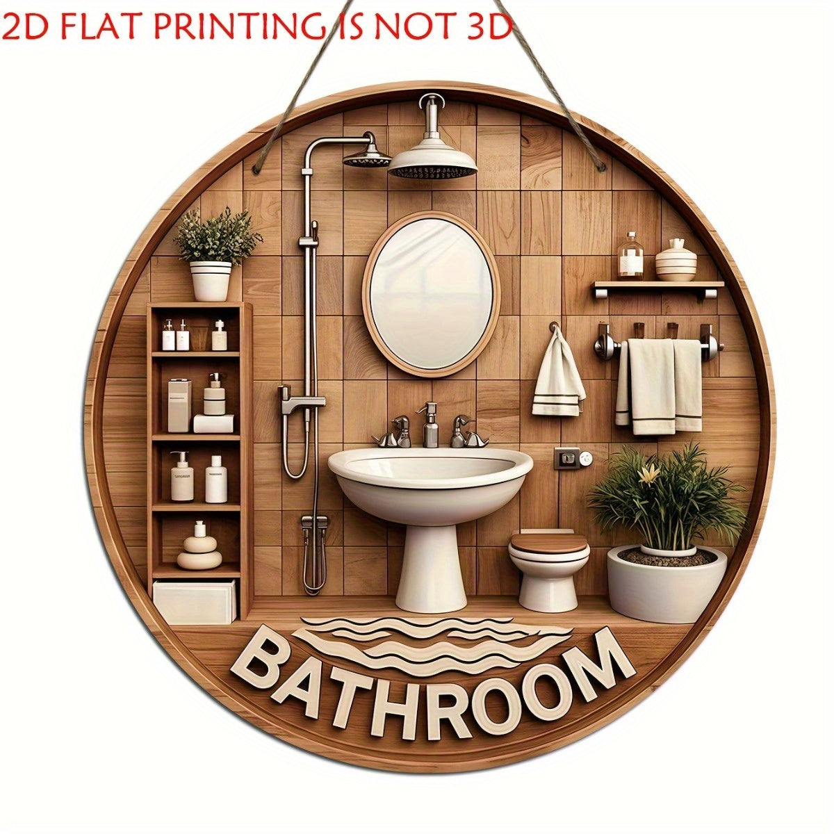 TEMU 2d Flat, 1pc Vintage Rustic Bathroom Wall Decor - Round Retro Plaque With Bathroom Scene, Lightweight & Easy To Hang - Farmhouse, Apartment,