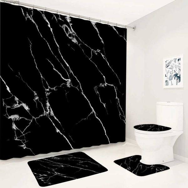 Shower Curtains Emerald Green Marble Shower Curtain Set Luxury Gold Crack Black Texture Print Bathroom Decor Rugs Toilet Cover Bath Mat R231