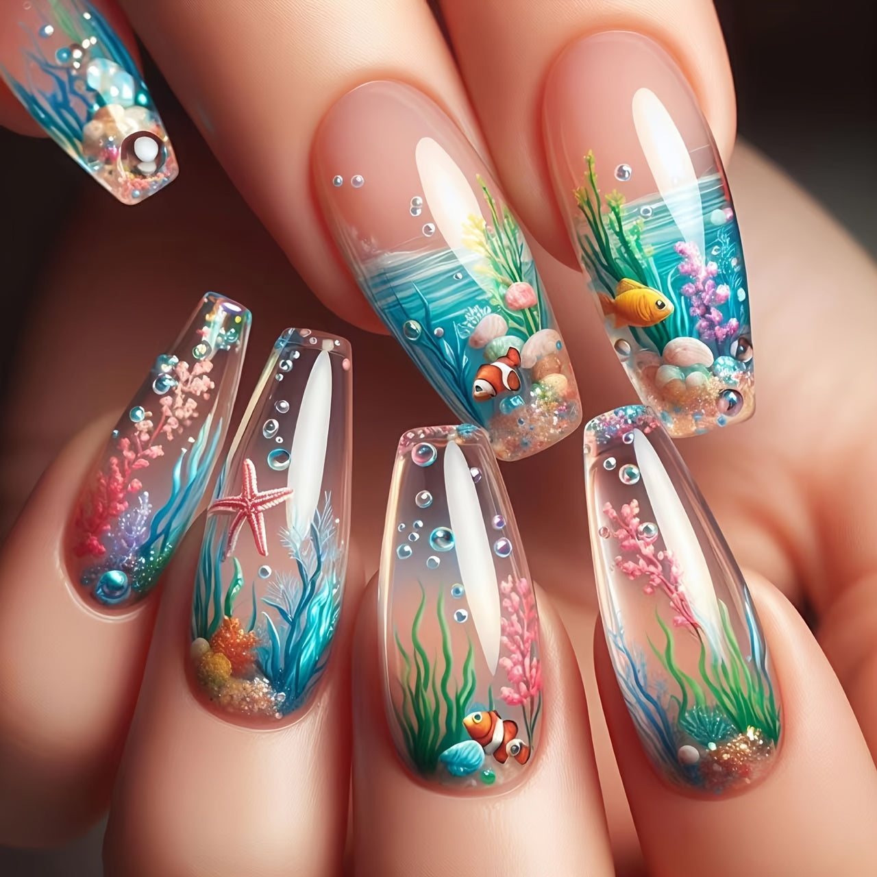 TEMU 48pcs Women's Ballet False Nails - Underwater Ocean Theme With Coral, Starfish & , Mixed Pastel Colors, Medium-long Length, Glossy Finish,