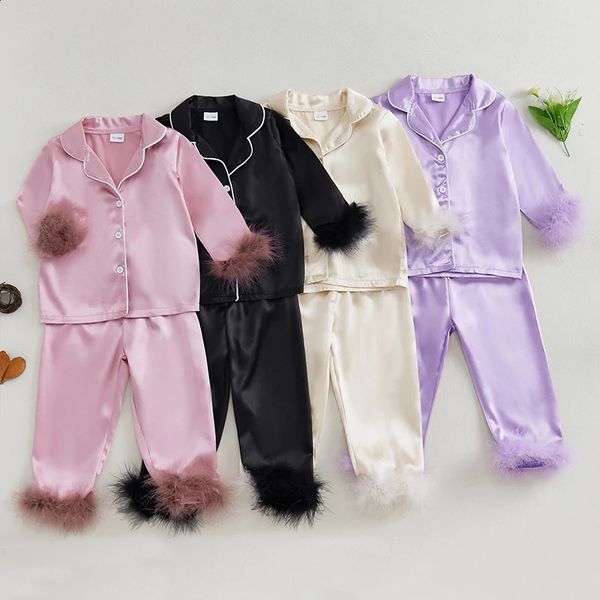 Children Kids Baby Girls Satin Pyjamas Set Sleepwear Pijama Solid Feather Trim Long Sleeve Shirts Pants Pajamas Loungewear 241203