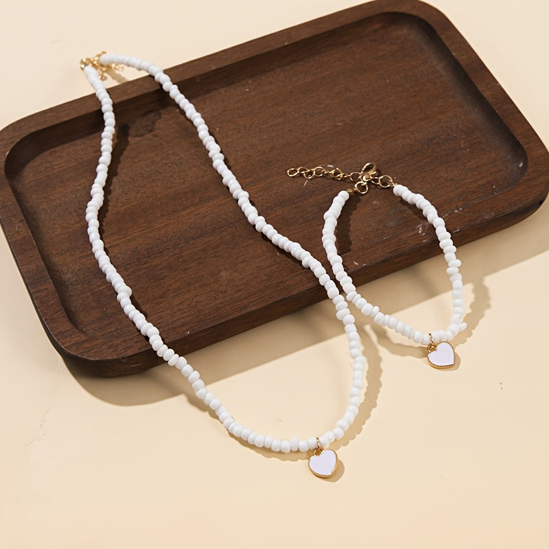 TEMU 1 Set White Acrylic Beaded Necklace And Bracelet With Pendant, Fashionable Party And Vacation Accessory For Women