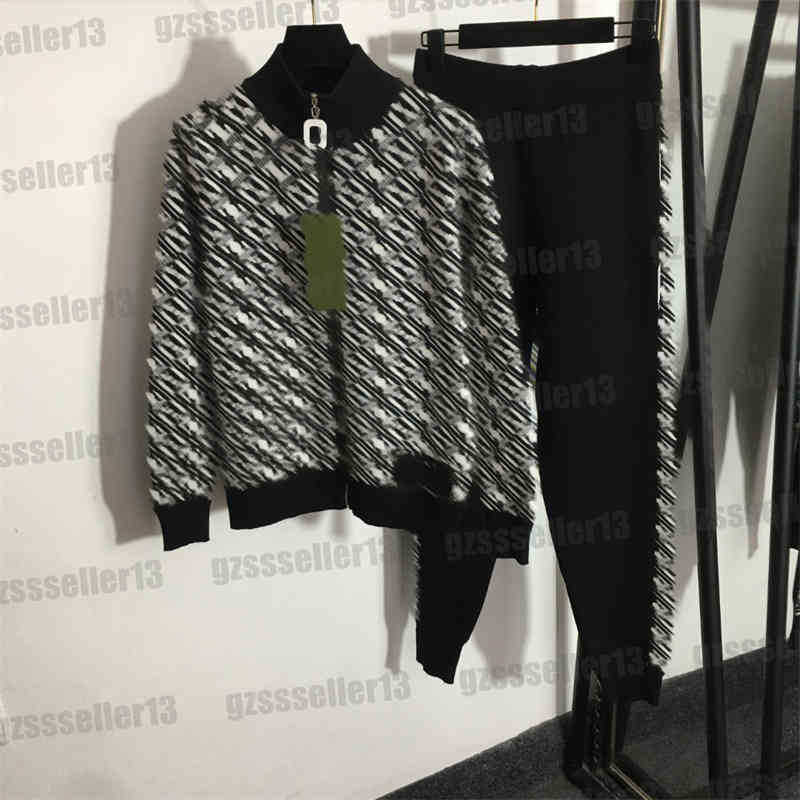 Cardigan Jacket Designer Womens Tracksuits G Letter Argyle Long-sleeved Stand-up Collar Zipper Cardigan Jacket Casual Trousers Two Piece Sets