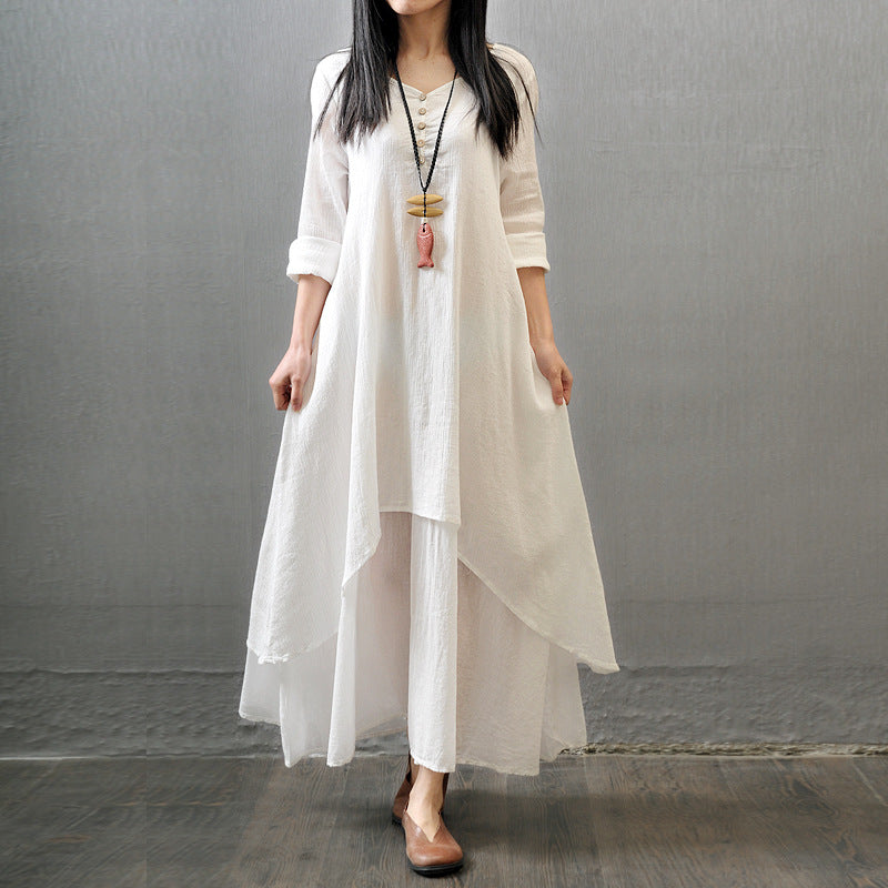 137 High-quality fake two-piece long skirt, artistic swing linen dress, loose long sleeves, cotton and linen