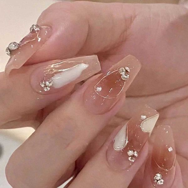 Women False Nails Handmade Wearing Nail Panel New Pure Desire Wind Immortal Qi Display White Aurora Full Diamond Long Ladder Detachable Fals