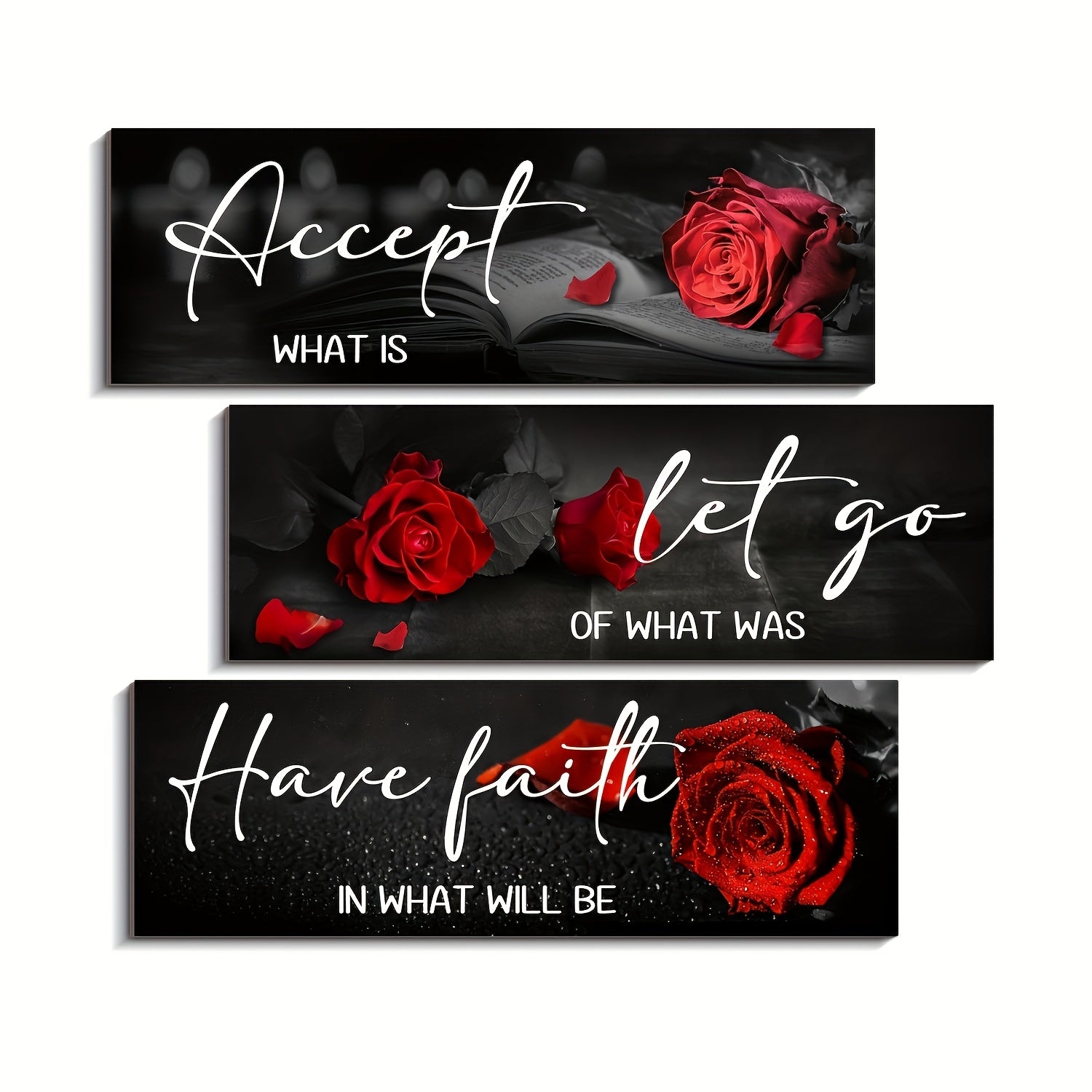 TEMU 3pcs Wooden Red Rose Wall Decor - Inspirational Quote "let Go, " - Bathroom, Living Room And Bedroom Farmhouse Style Wall Decoration With Hooks
