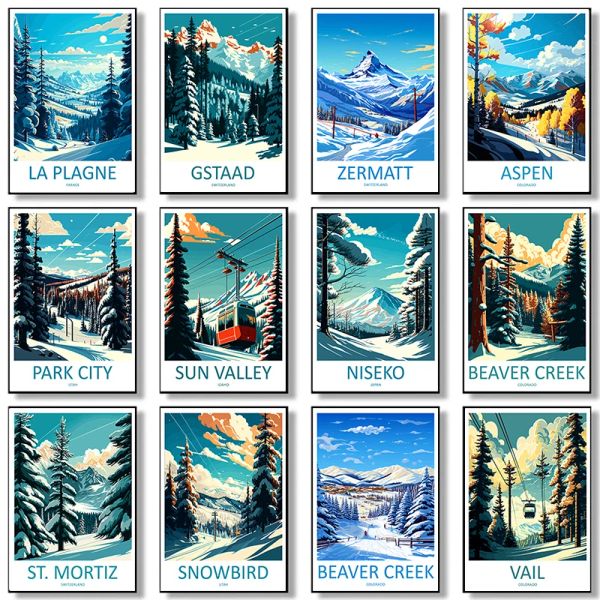 La Plagne Snowbird Niseko Sun Valley Travel Posters for Cities Suitable for Skiing Canvas Painting Wall Art Picture Home Decor Z250210