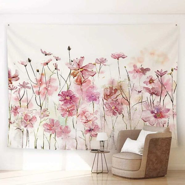 Pink Flowers Tapestry Wall Hanging Romantic Floral Wildflower Plants Nature Scenery Tapestrie Decoration for Bedroom Living Room Y240816