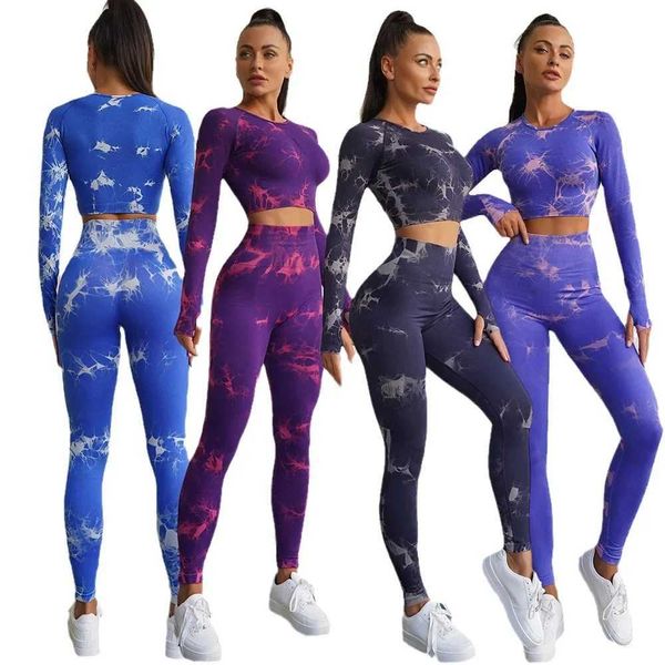 Tie Dye Yoga Long Sleeve Top Legging Sports Fitness Suits 2 Piece Sets Womens Outfits Gym Workout Clothes Set for Women Yoga SetXJ250109