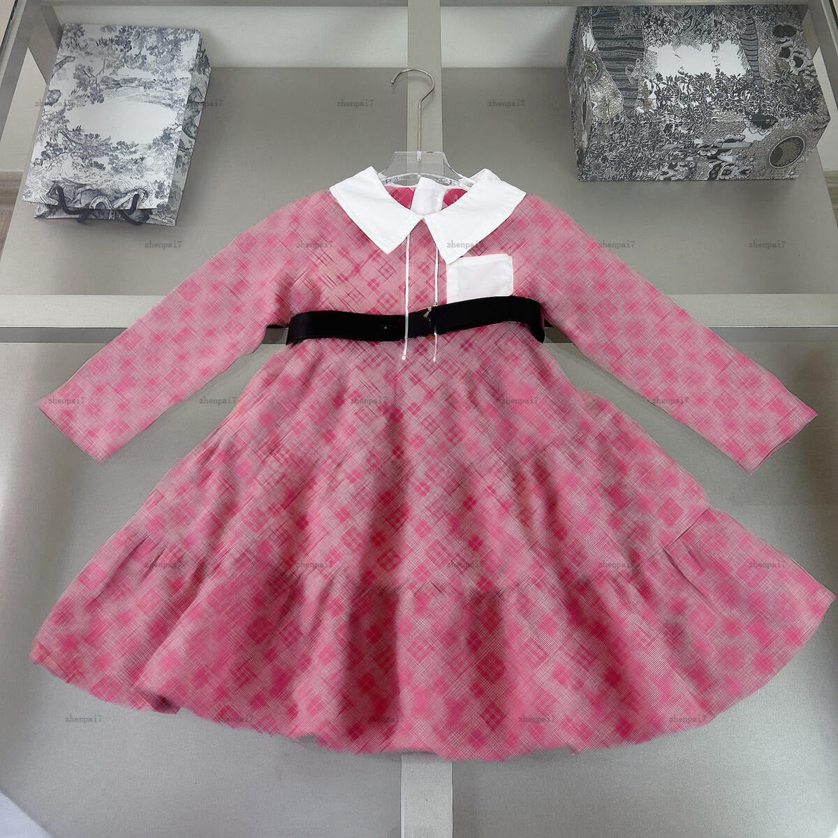 Top girl dress child Leather belt decoration Long-sleeved partydress baby skirt kids designer clothes autumn girls frock A219X06N000
