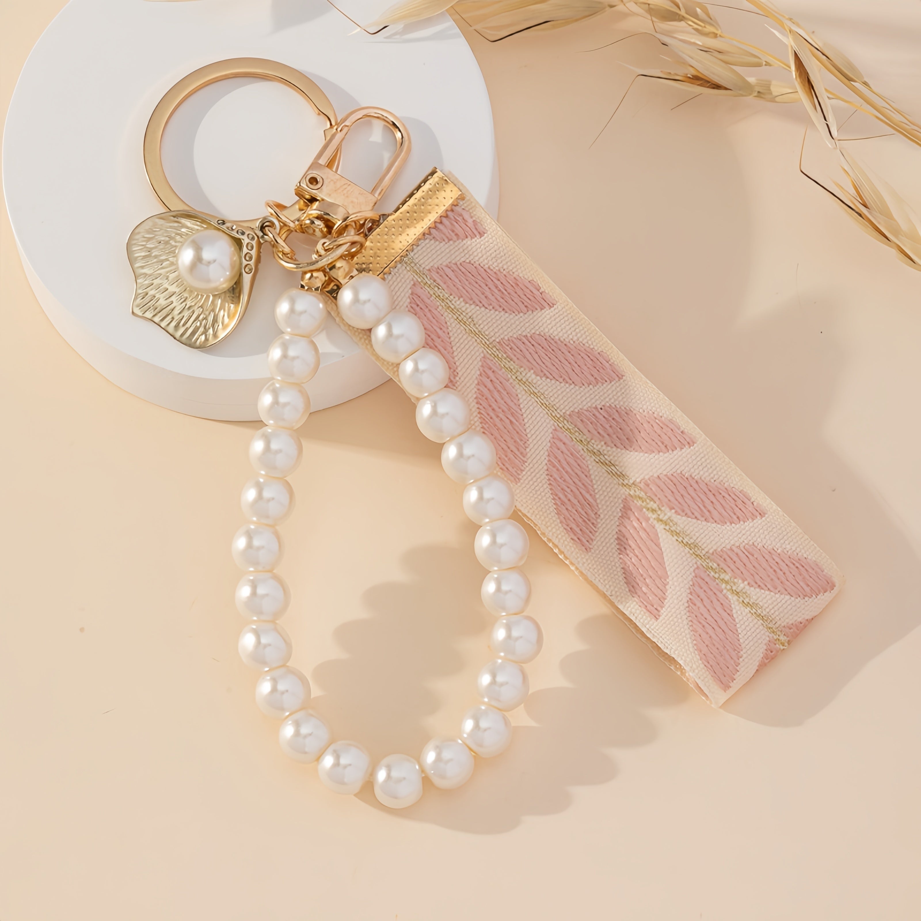 TEMU 1pc Elegant & Golden Alloy Keychain With Leaf Charm - Stylish Bag Accessory For Car Keys And Handbags, Pink Woven Ribbon Design, Handbag Charms
