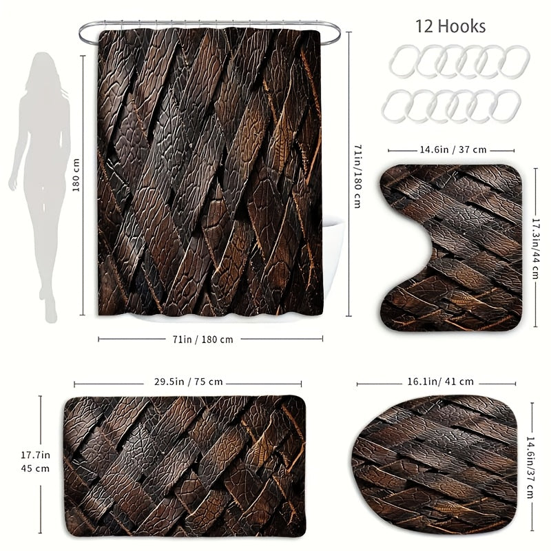 TEMU 1-4pcs Wooden Striped Pattern Bathroom Set, Waterproof Barrier Multifunctional Shower Curtain With 12 Hooks, Non Slip Bathroom Floor Mat, Toilet