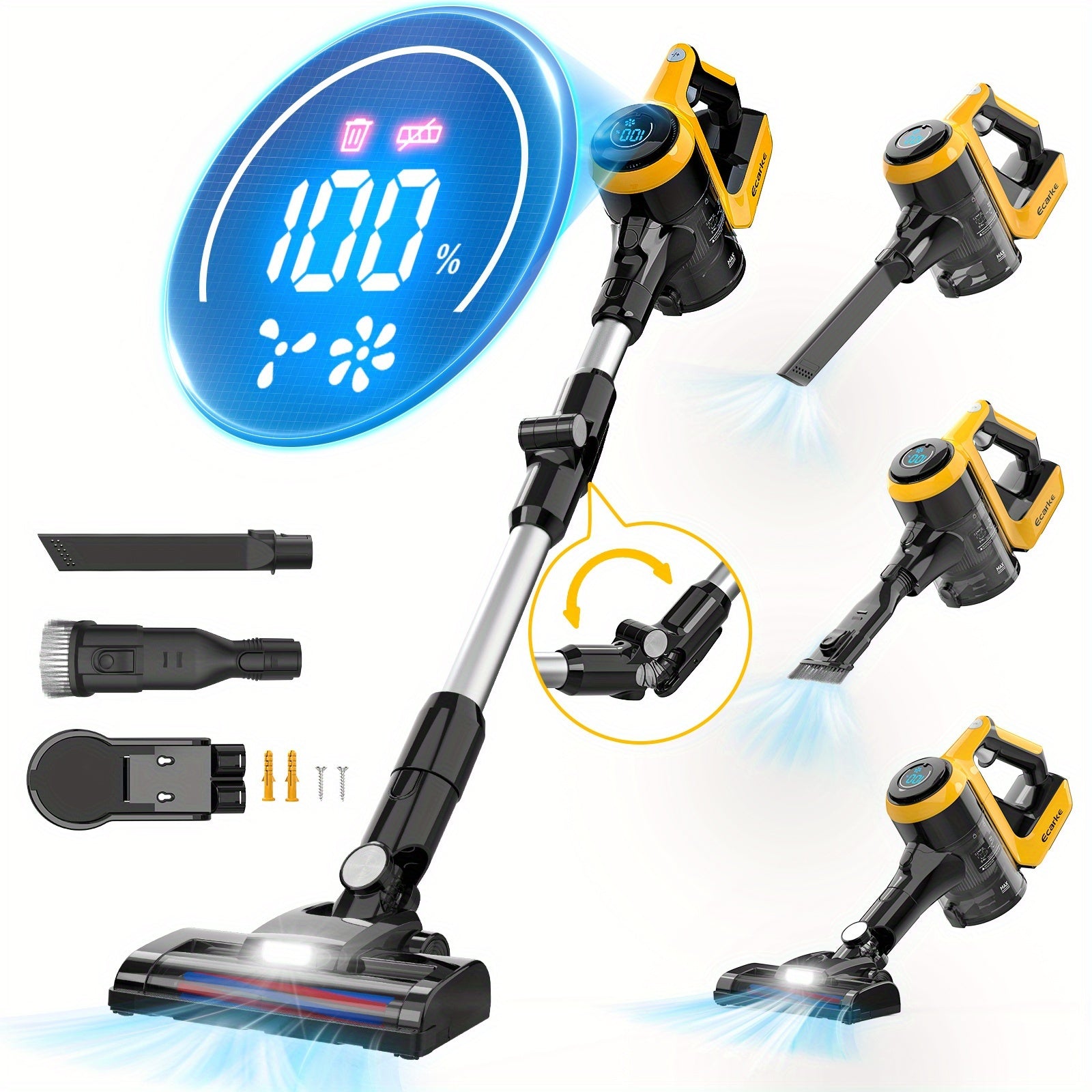 TEMU Cordless Vacuum Cleaner For 20v Battery, 30kpa 180° Wand 6in 1 Lightweight Stick Vacuum Smart Screen 350w Brushless Motor Hardwood Floor Floor