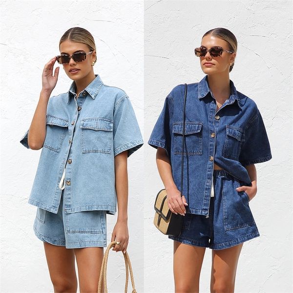 2025 Summer Womens Tracksuits Casual Loose Pocket Short Sleeve Shirt Cowboy Two Piece Set Sportwear 2 Colors