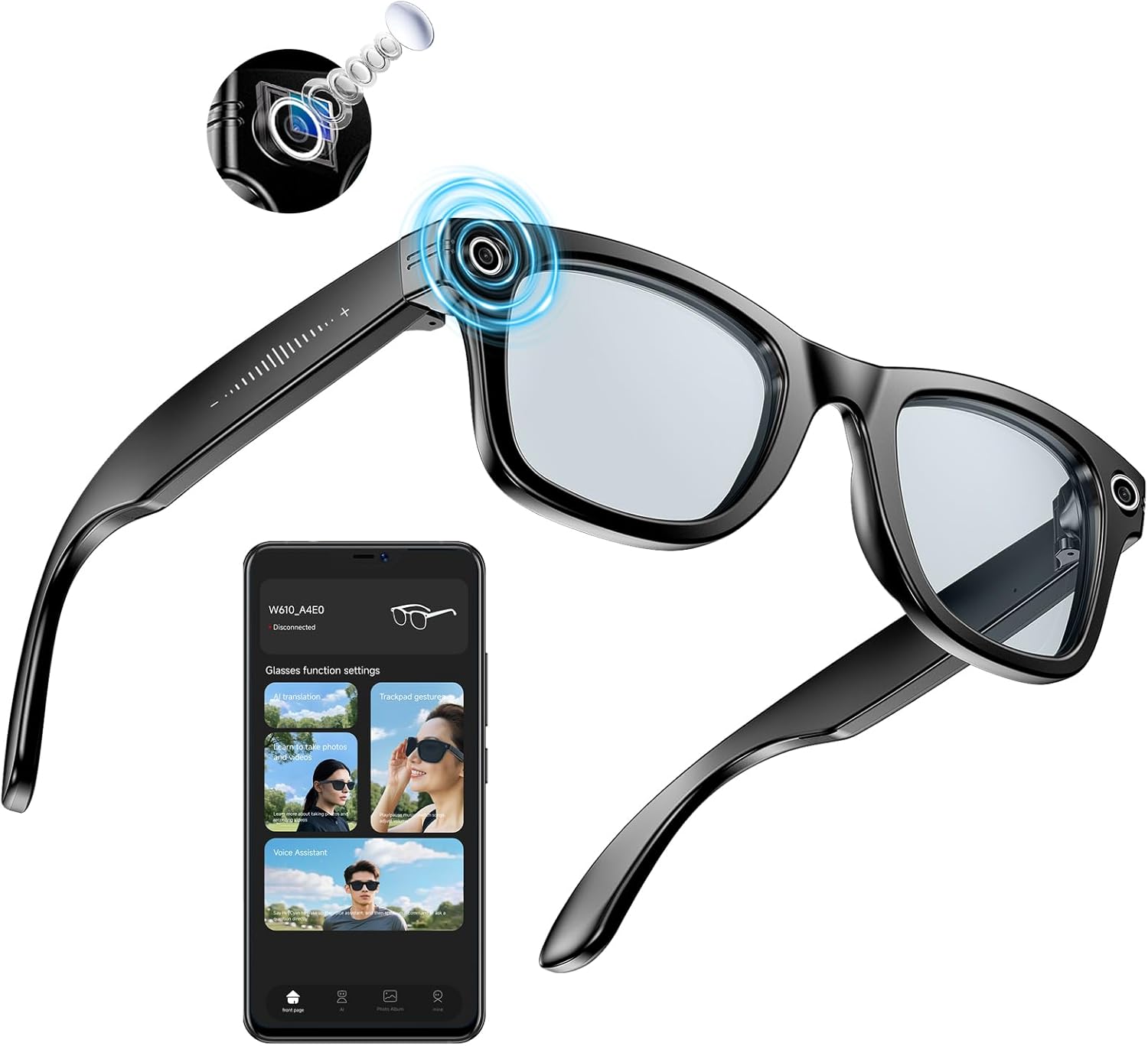 AI Smart Glasses 4K HD Camera, BT Call, 800W Anti-Shake Camera Glasses with Video Recording Dual Mic, Simultaneous Interpretation-GPT Identify Objec