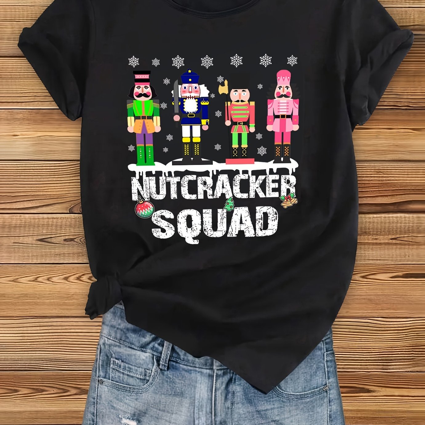 TEMU Nutcracker Squad Graphic Tee - Soft Polyester Round Neck T-shirt For Women, Casual Christmas Design With Cartoon Characters, Yoga, Work, Or