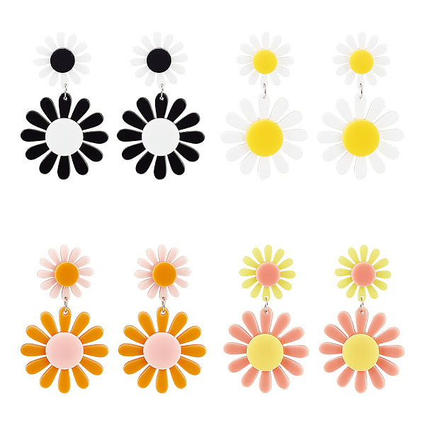 4 paire de boucles d'oreilles pendantes en acrylique en forme de tournesol