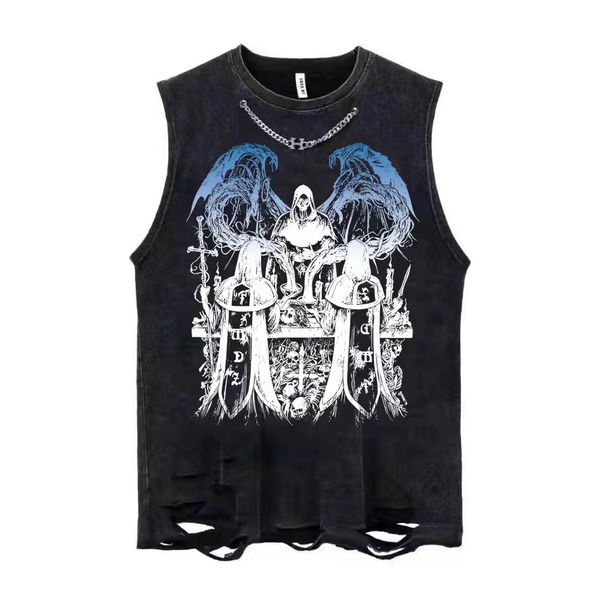 Men&#039;s T Shirts American Loose Vintage Large Tank Top T-shirt High Street Pure Cotton Printed Washable Sleeveless Tank Top