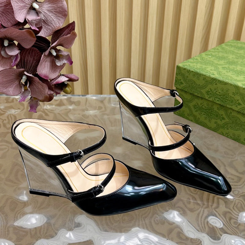 High heeled pointed toe genuine leather mules with crystal clear wedge sandals for women luxury evening shoes