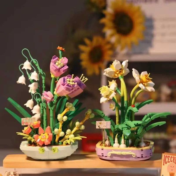 Blocos Blocos de construção vasos de flores Hibiscus Flores de girassóis Toys compatíveis QIXI Dia dos namorados Garota H241107 Y250117918T