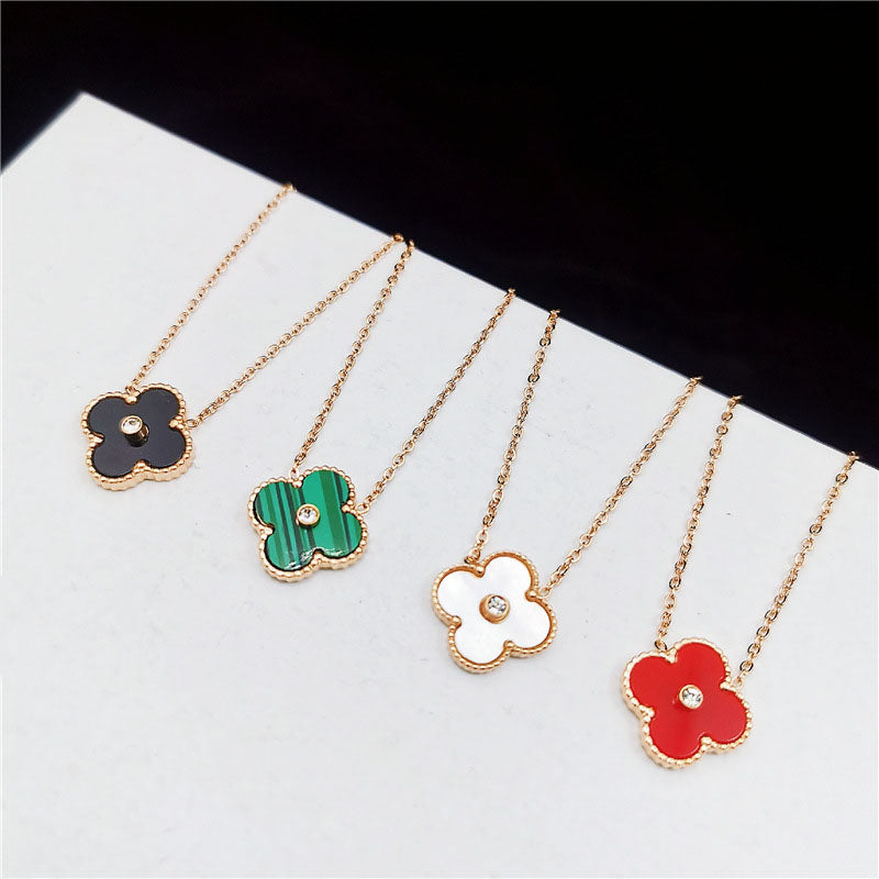 fashion korean 18K rose gold green clover pendant necklaces with cross chain choker stainless steel necklace jewelry for women