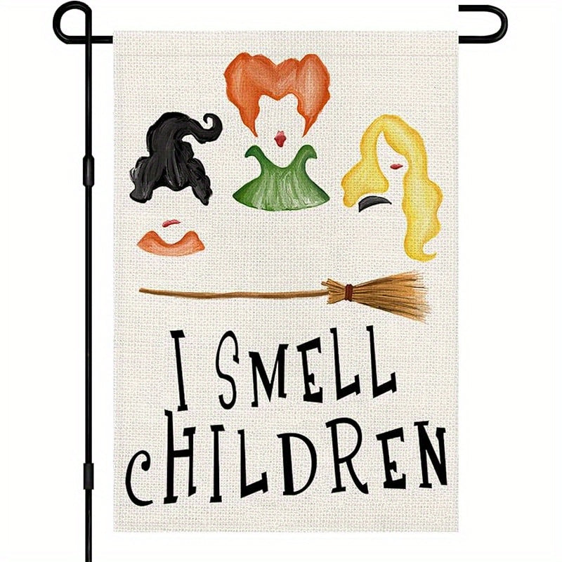TEMU Children's Halloween Garden Flag 12*18 Inches Small Burlap, Sisters Broom Parking Special Sign Seasonal Garden Outdoor Decoration, Holiday