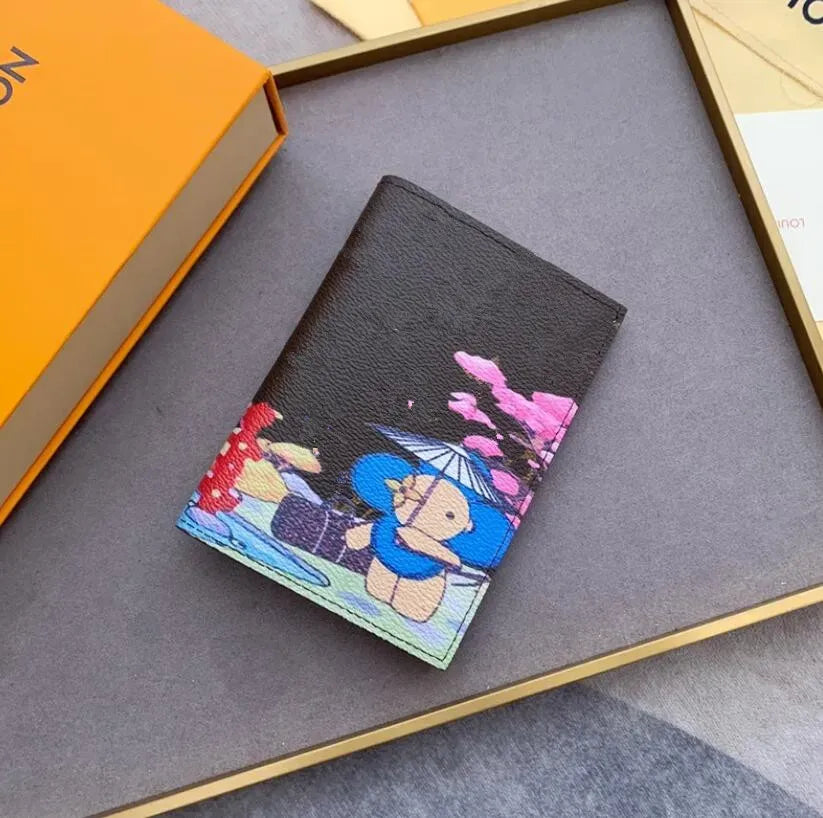 Designer Bags Sunflower Women Wallets Mascot Cartoon Printed Passport Holders Letter Canvas Wallet Leather Ladies Coin Purses Clutch Bags Mens Passp