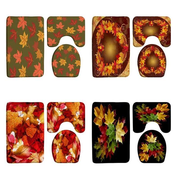 Maple Leaf Bath Mat Set Autumn Leaves Autumn Plants Bathroom Carpet Toilet Seat Cover Anti slip Carpet Anti slip Mat Orange M240829